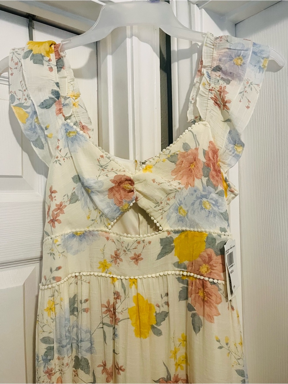TRIXXI Los Angeles, Cream Floral Ruffle Sundress with Yellow & Blue Blooms